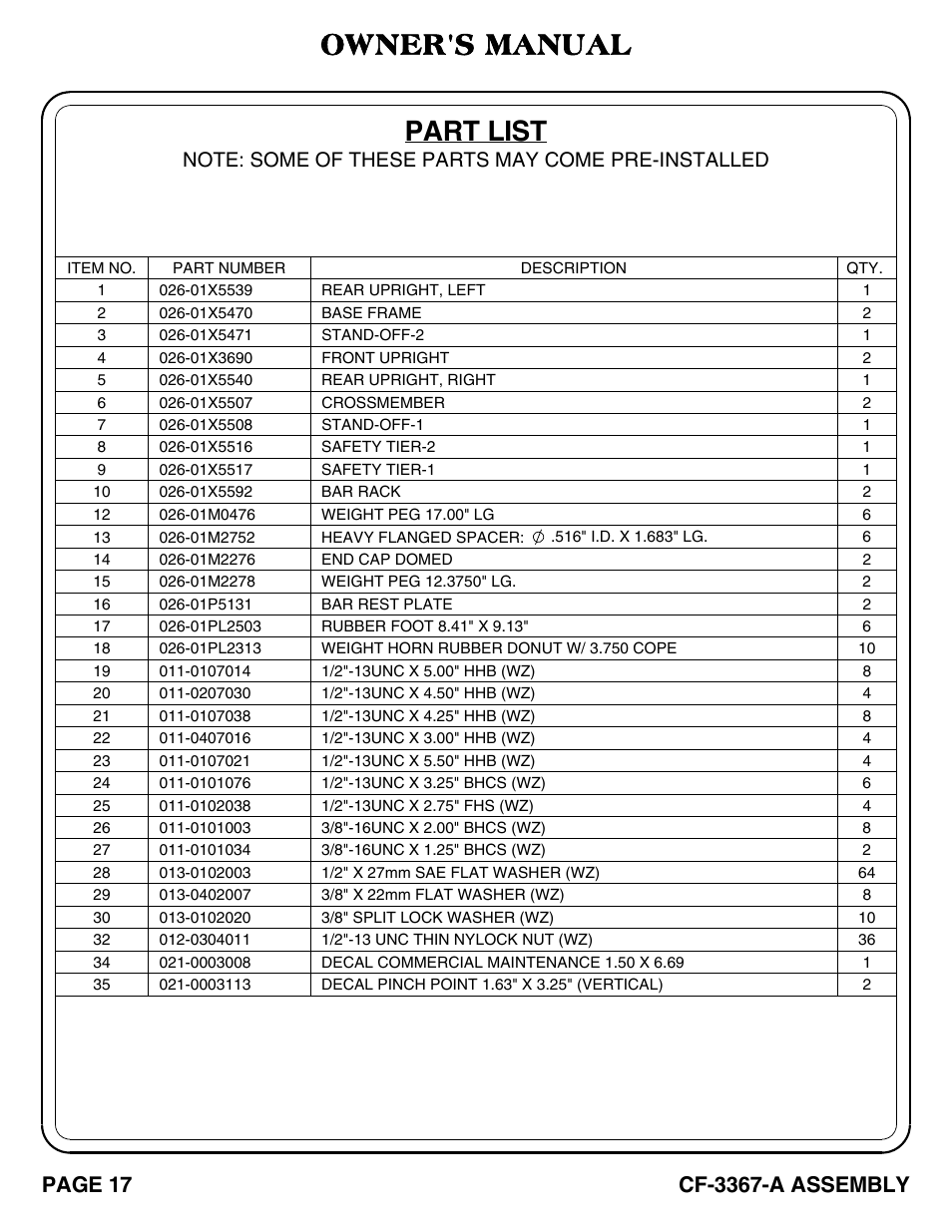Cf-3367-a_pg 17-18, Part list, Owner's manual | Cf-3367-a assembly, Page 17 | Hoist Fitness CF-3367-A User Manual | Page 18 / 29