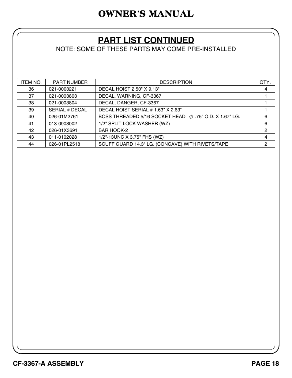 Part list continued, Owner's manual, Cf-3367-a assembly | Page 18 | Hoist Fitness CF-3367-A User Manual | Page 19 / 29