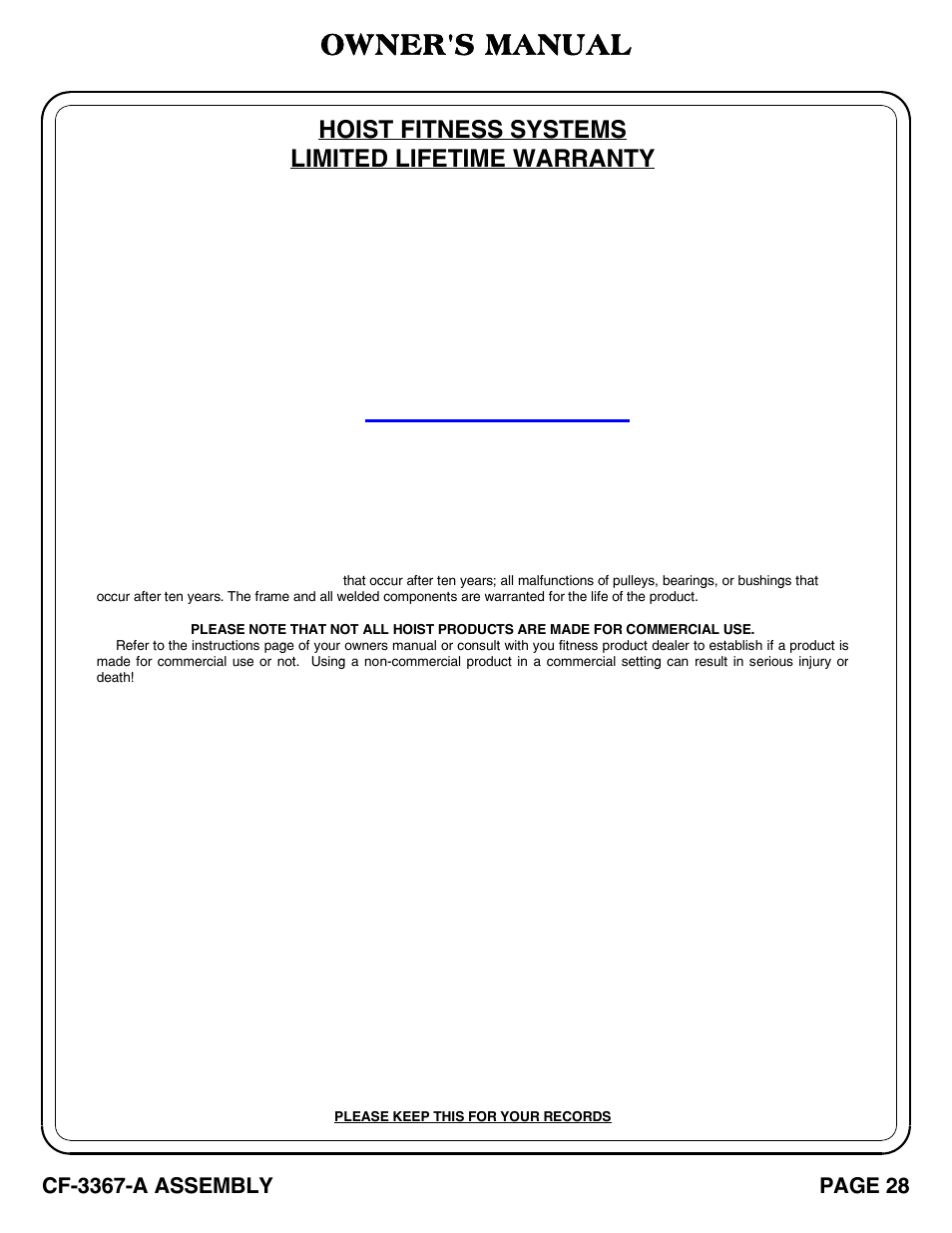 Owner's manual, Hoist fitness systems limited lifetime warranty | Hoist Fitness CF-3367-A User Manual | Page 29 / 29