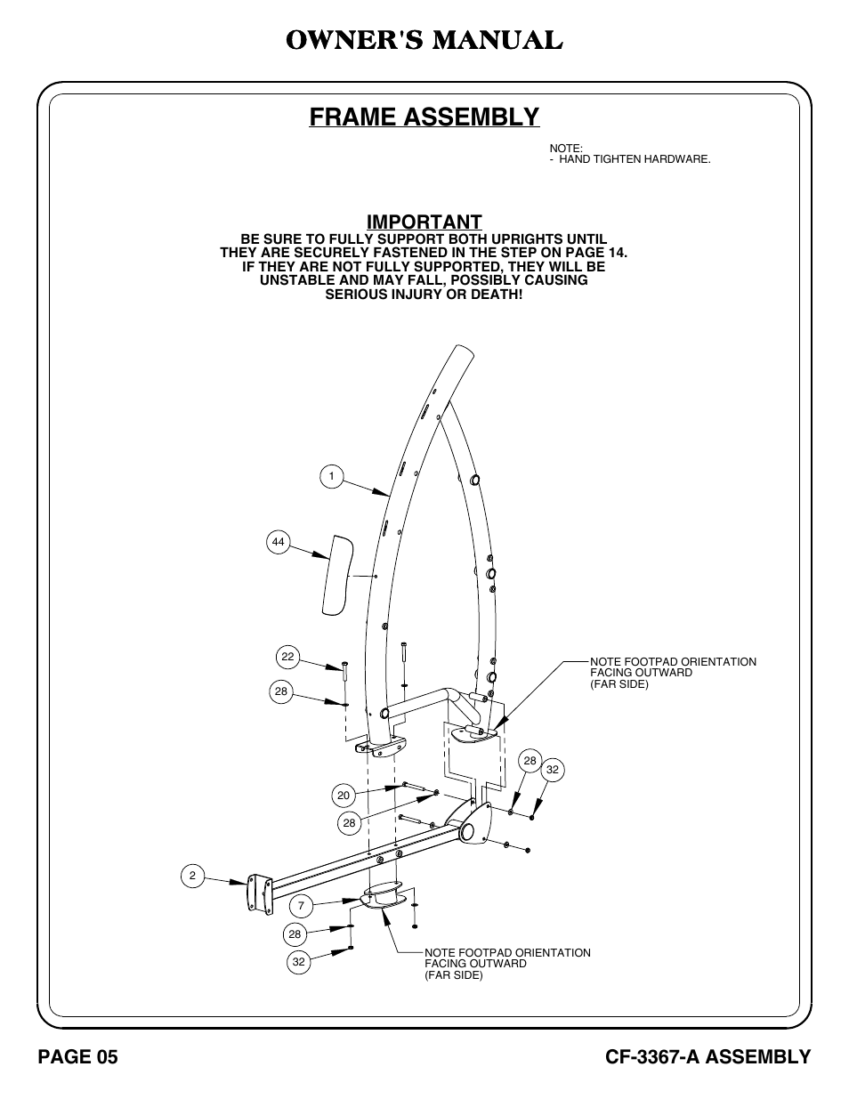 Cf-3367-a_pg 05-06, Frame assembly, Owner's manual | Important, Page 05, Cf-3367-a assembly | Hoist Fitness CF-3367-A User Manual | Page 6 / 29