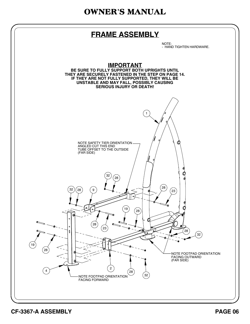 Frame assembly, Owner's manual, Important | Cf-3367-a assembly, Page 06 | Hoist Fitness CF-3367-A User Manual | Page 7 / 29