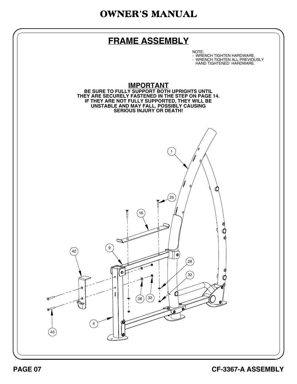 Cf-3367-a_pg 07-08, Frame assembly, Owner's manual | Important, Page 07, Cf-3367-a assembly | Hoist Fitness CF-3367-A User Manual | Page 8 / 29
