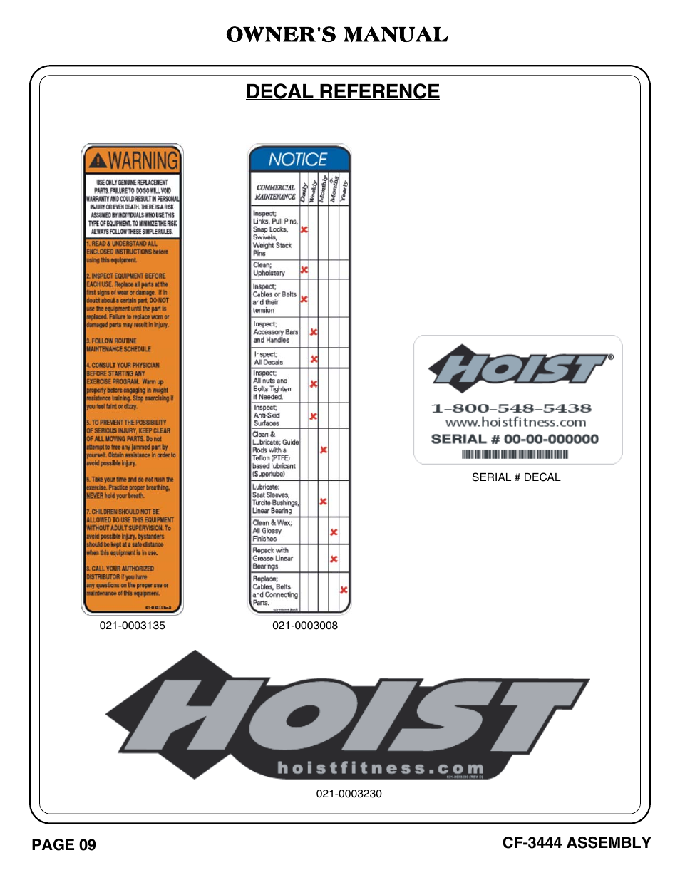 Cf-3444_pg 09-10.pdf, Decal reference owner's manual | Hoist Fitness CF-3444 User Manual | Page 10 / 22
