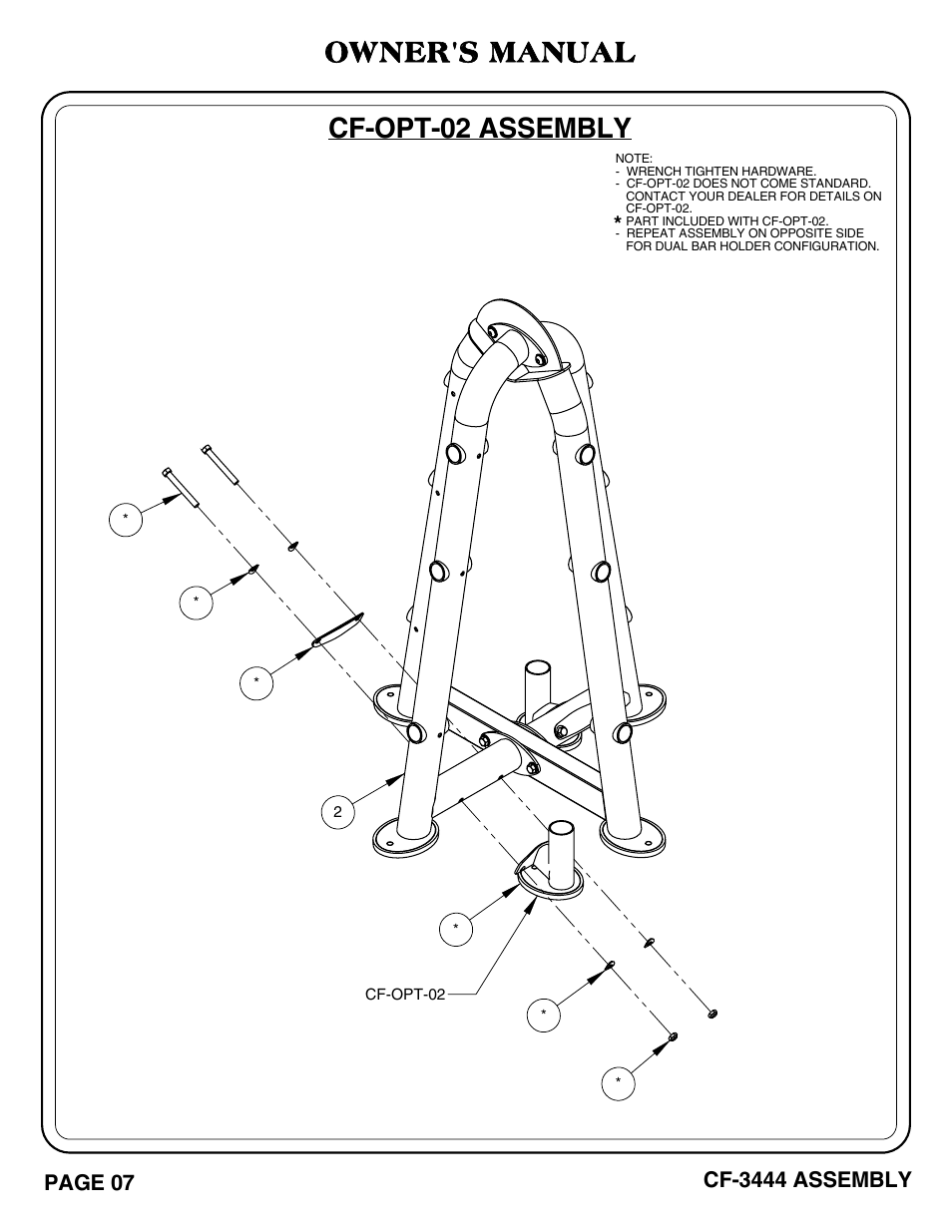 Cf-3444_pg 07-08.pdf, Cf-opt-02 assembly, Owner's manual | Hoist Fitness CF-3444 User Manual | Page 8 / 22