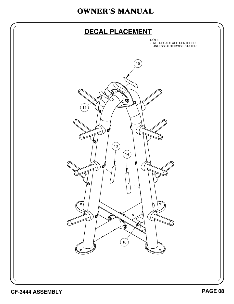 Decal placement, Owner's manual | Hoist Fitness CF-3444 User Manual | Page 9 / 22