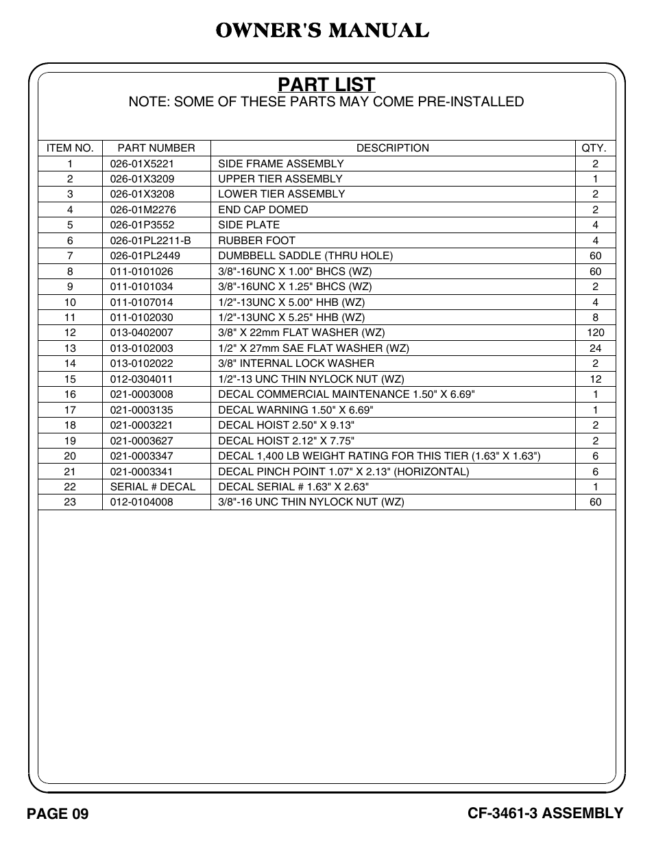Part list, Owner's manual, Page 09 | Hoist Fitness CF-3461-3 User Manual | Page 10 / 20