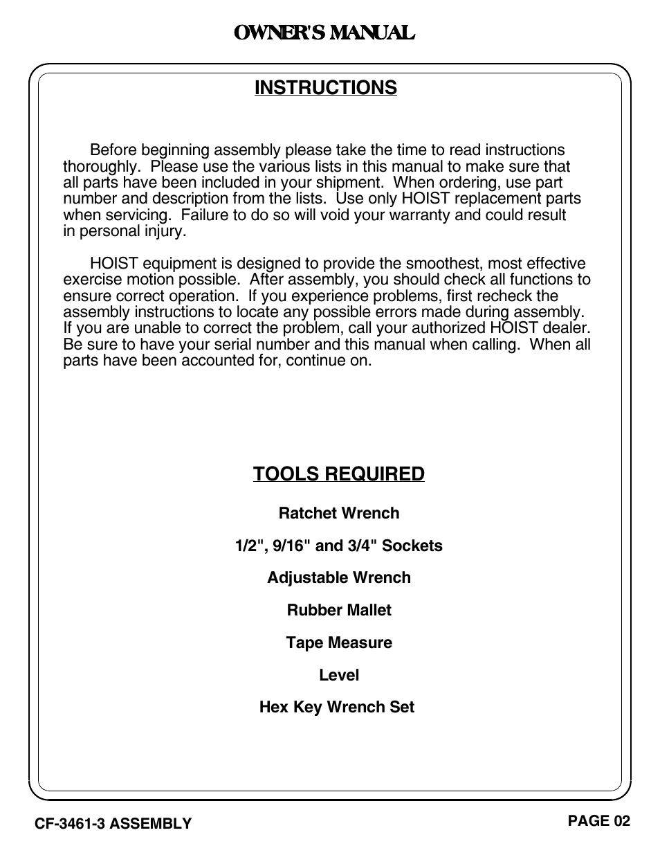 Owner's manual, Tools required, Instructions | Hoist Fitness CF-3461-3 User Manual | Page 3 / 20