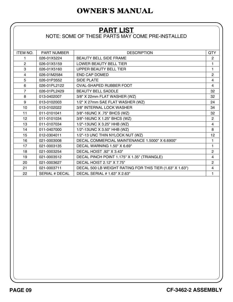 Part list, Owner's manual, Page 09 | Hoist Fitness CF-3462-2 User Manual | Page 10 / 20