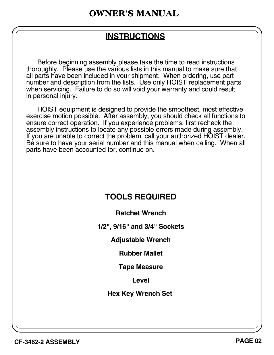 Owner's manual, Tools required, Instructions | Hoist Fitness CF-3462-2 User Manual | Page 3 / 20