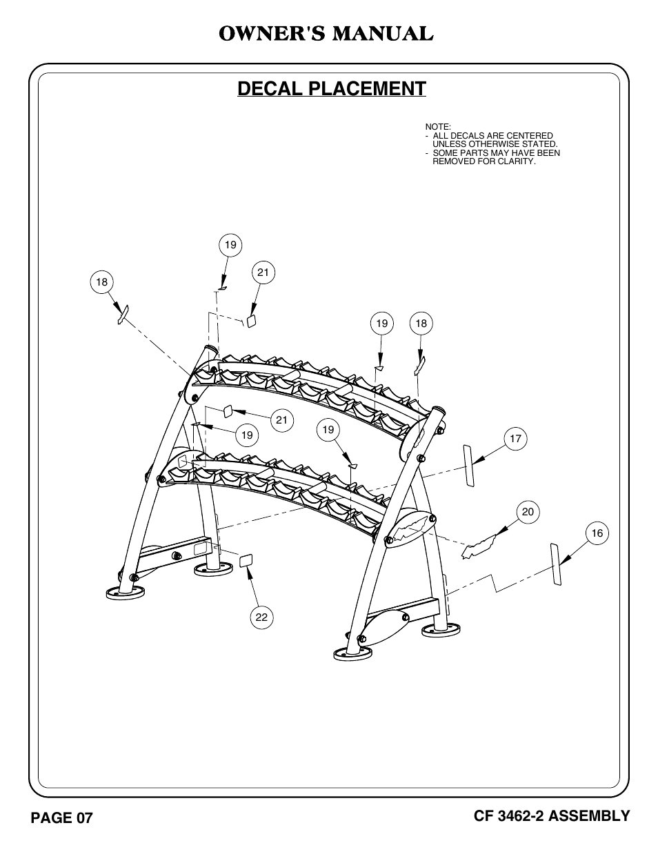 Decal placement, Owner's manual | Hoist Fitness CF-3462-2 User Manual | Page 8 / 20