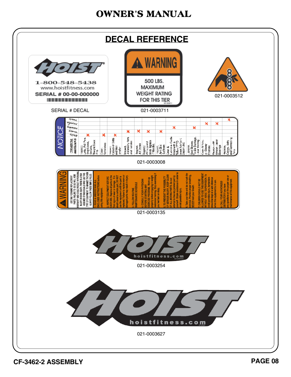 Decal reference owner's manual | Hoist Fitness CF-3462-2 User Manual | Page 9 / 20