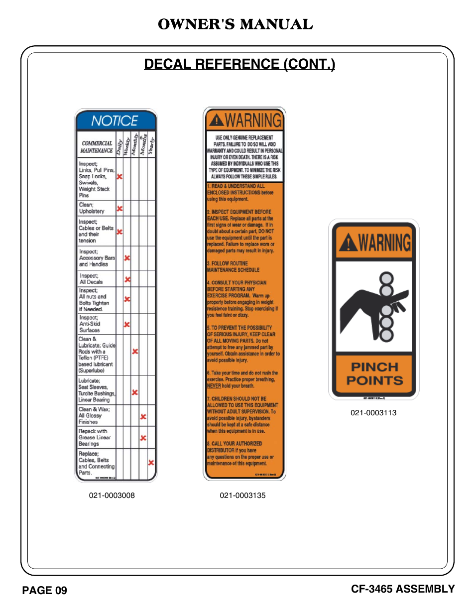 Decal reference (cont.) owner's manual | Hoist Fitness CF-3465 User Manual | Page 10 / 27