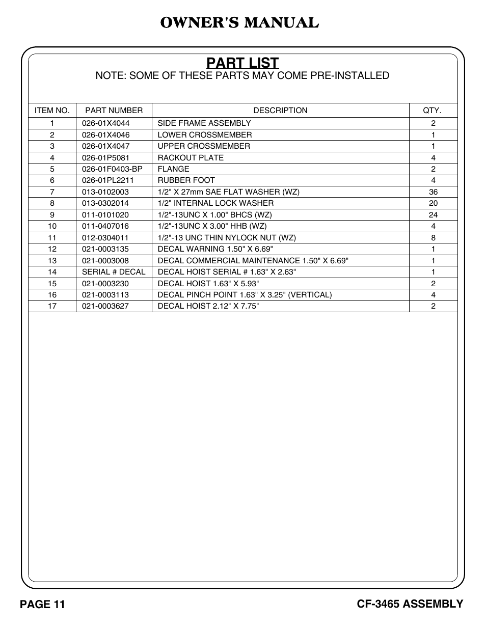 Part list, Owner's manual | Hoist Fitness CF-3465 User Manual | Page 12 / 27