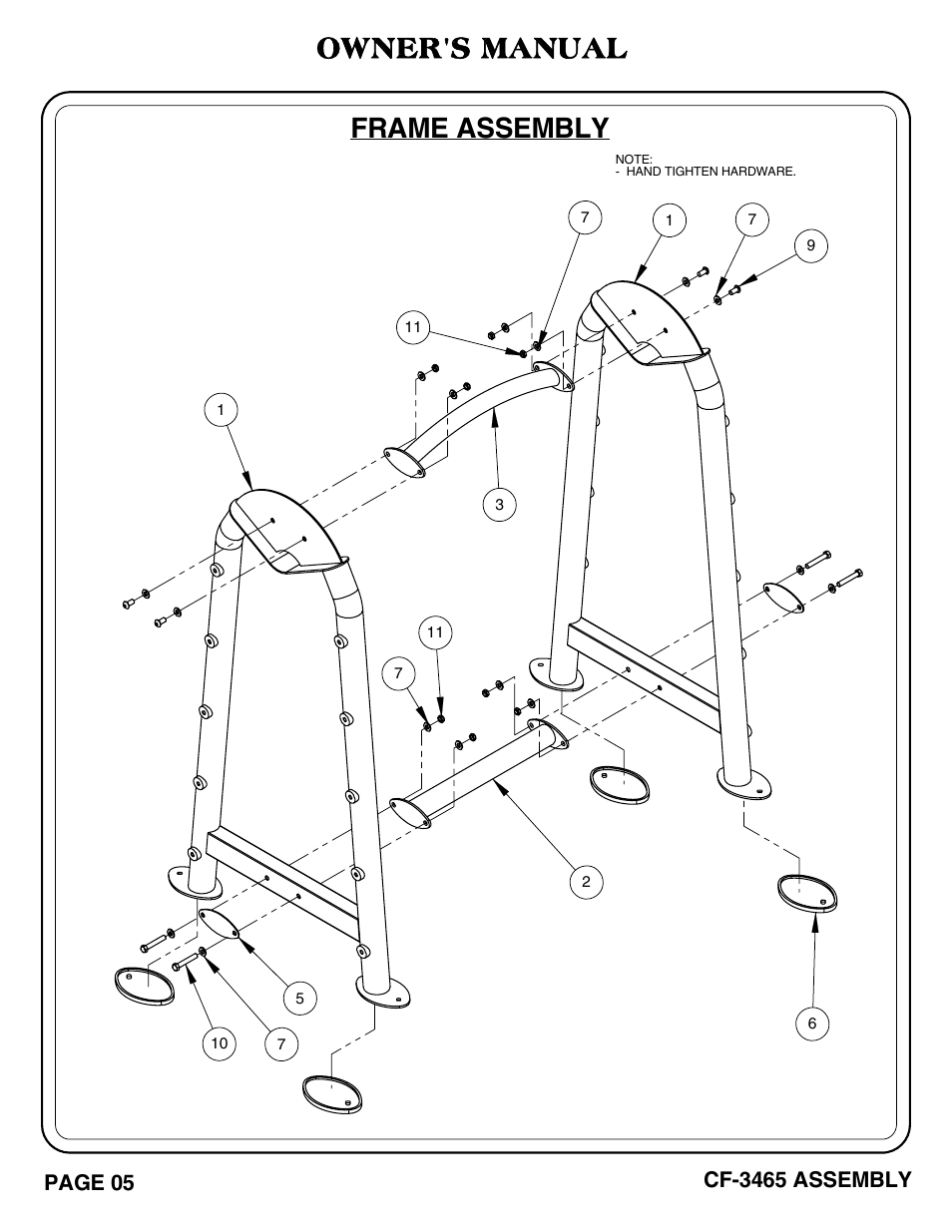 Cf-3465 pg 05-06.pdf, Frame assembly, Owner's manual | Hoist Fitness CF-3465 User Manual | Page 6 / 27