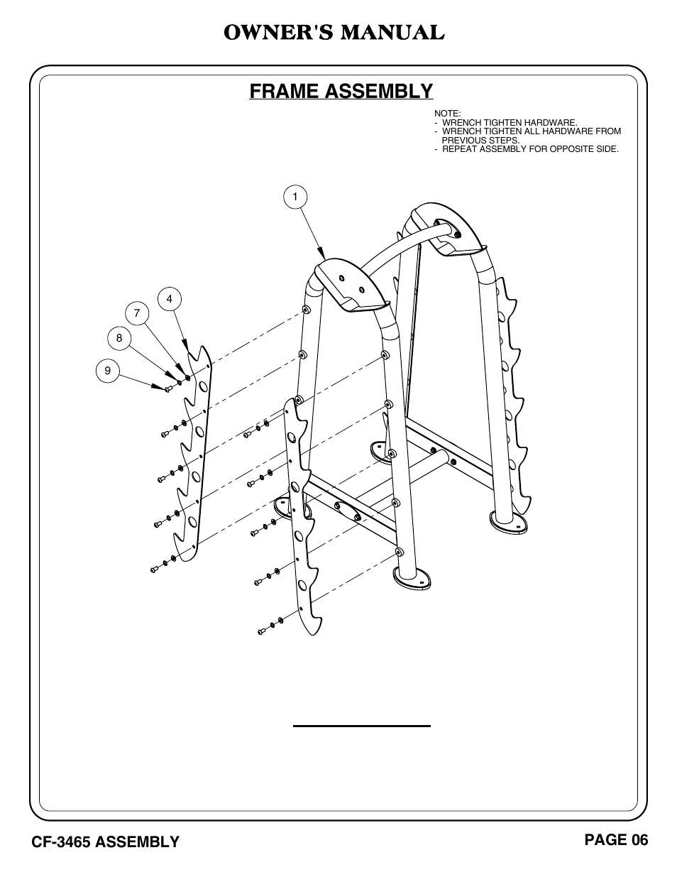 Important, Owner's manual, Frame assembly | Hoist Fitness CF-3465 User Manual | Page 7 / 27