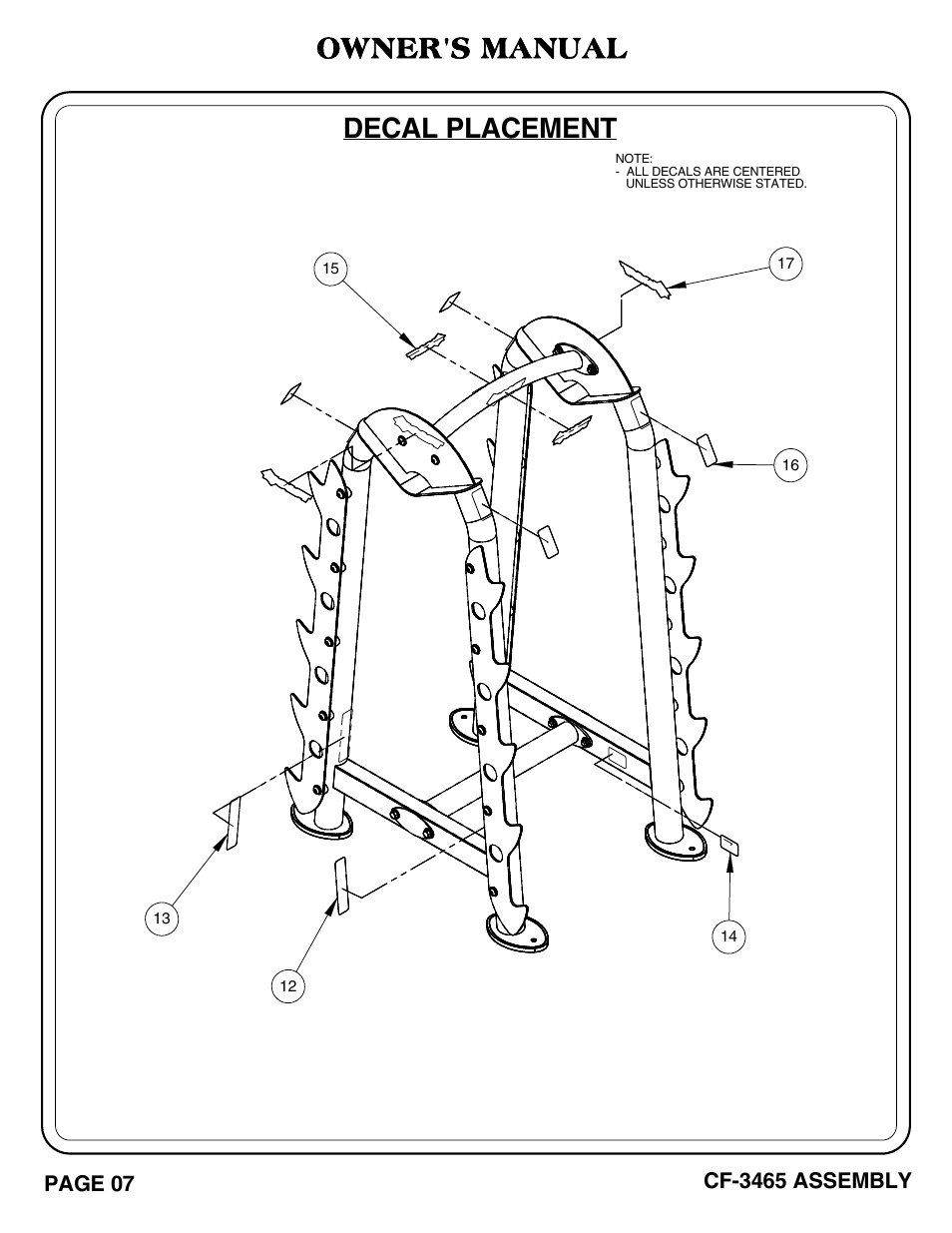 Cf-3465 pg 09-11.pdf, Decal placement owner's manual | Hoist Fitness CF-3465 User Manual | Page 8 / 27