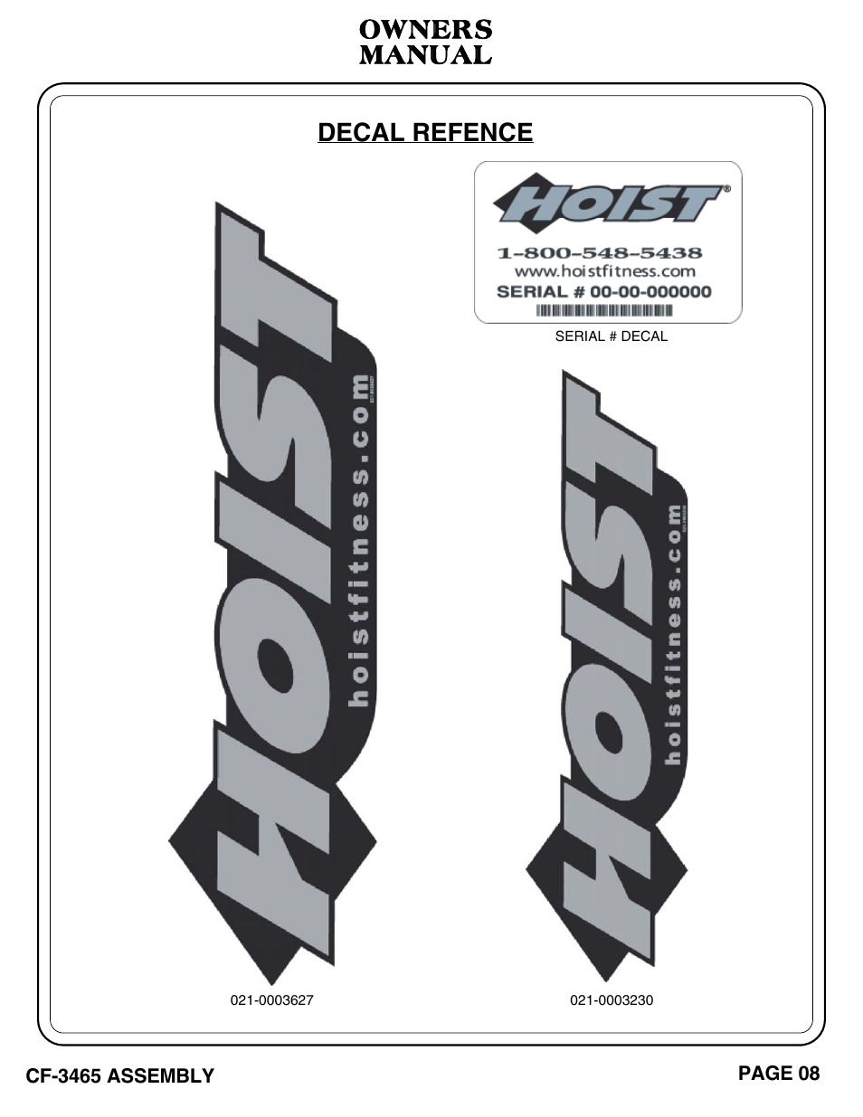 Decal refence owners manual | Hoist Fitness CF-3465 User Manual | Page 9 / 27
