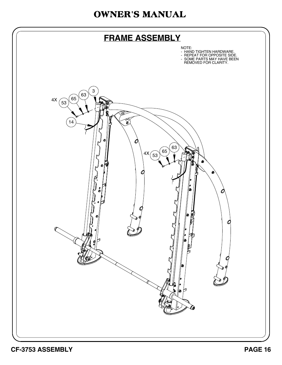 Frame assembly, Owner's manual, Page 16 | Cf-3753 assembly | Hoist Fitness CF-3753 User Manual | Page 17 / 47