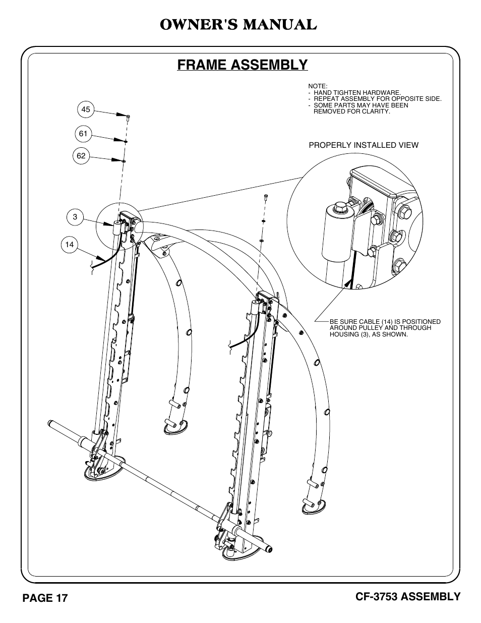 Frame assembly, Owner's manual | Hoist Fitness CF-3753 User Manual | Page 18 / 47