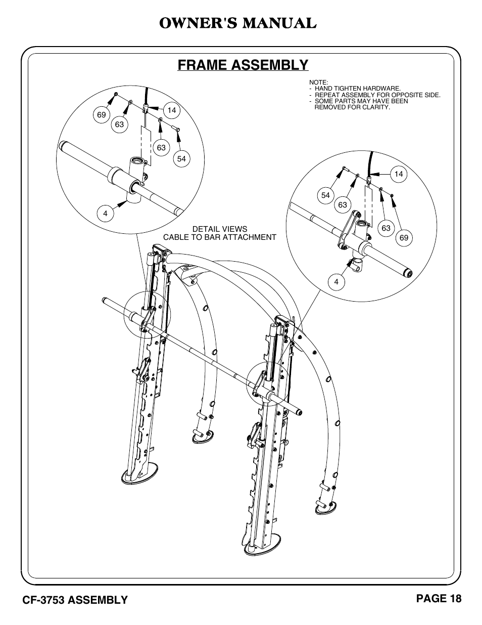 Frame assembly, Owner's manual | Hoist Fitness CF-3753 User Manual | Page 19 / 47