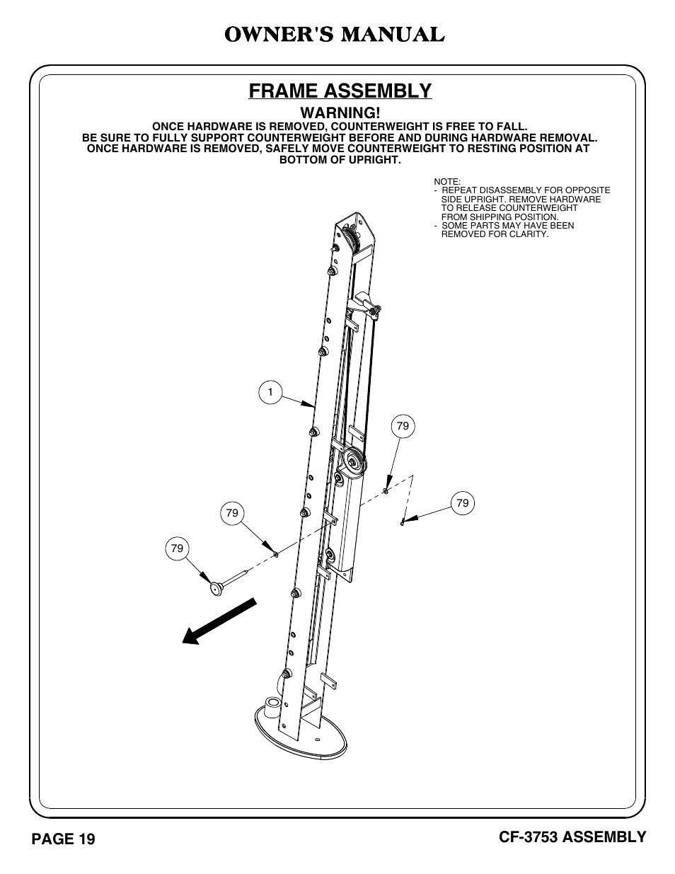 Frame assembly, Owner's manual | Hoist Fitness CF-3753 User Manual | Page 20 / 47