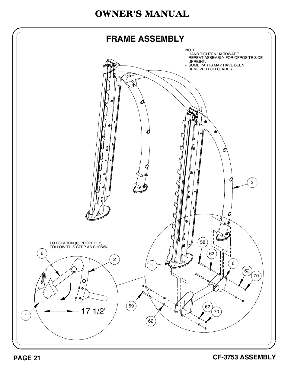 Frame assembly, Owner's manual, Page 21 | Cf-3753 assembly | Hoist Fitness CF-3753 User Manual | Page 22 / 47