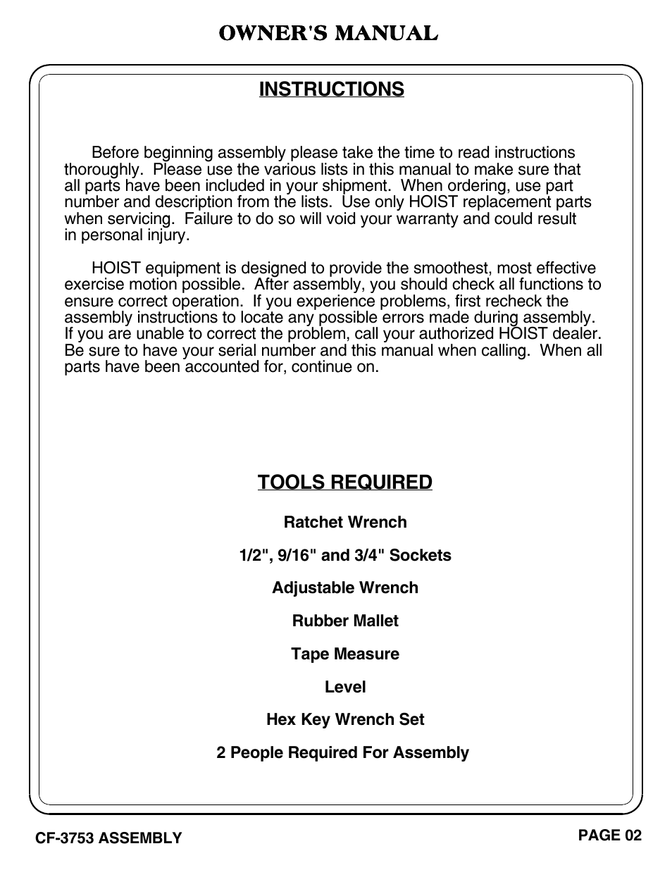 Owner's manual, Tools required, Instructions | Hoist Fitness CF-3753 User Manual | Page 3 / 47