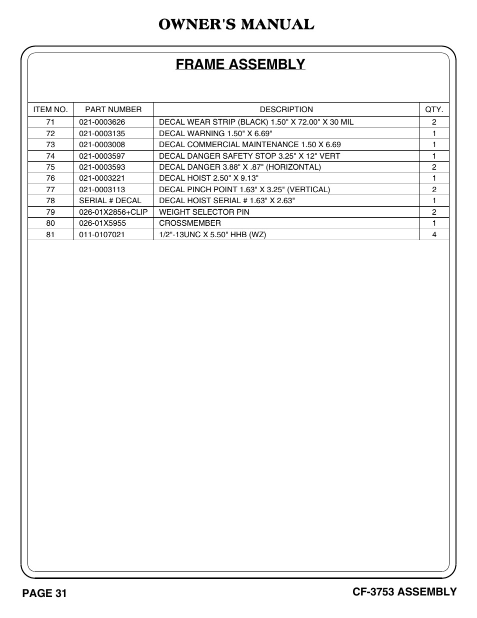 Frame assembly owner's manual | Hoist Fitness CF-3753 User Manual | Page 32 / 47