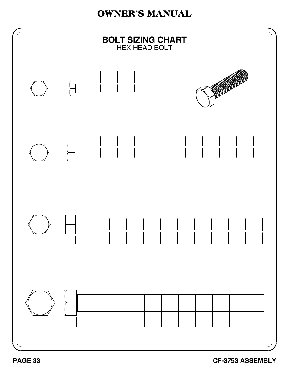 Bolt sizing chart, Owner's manual, Hex head bolt | Hoist Fitness CF-3753 User Manual | Page 34 / 47