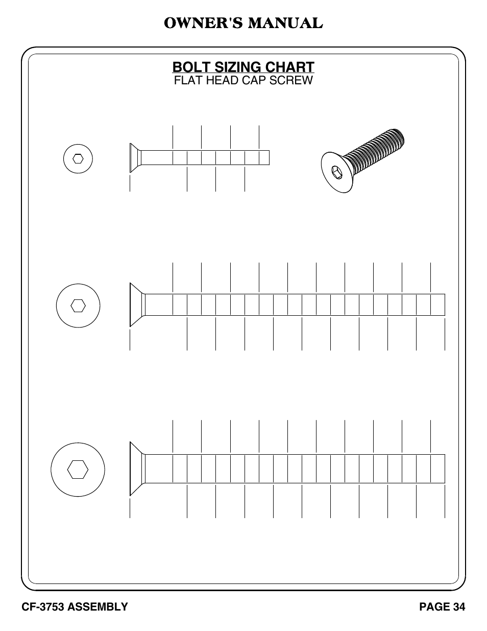 Bolt sizing chart, Owner's manual, Flat head cap screw | Hoist Fitness CF-3753 User Manual | Page 35 / 47