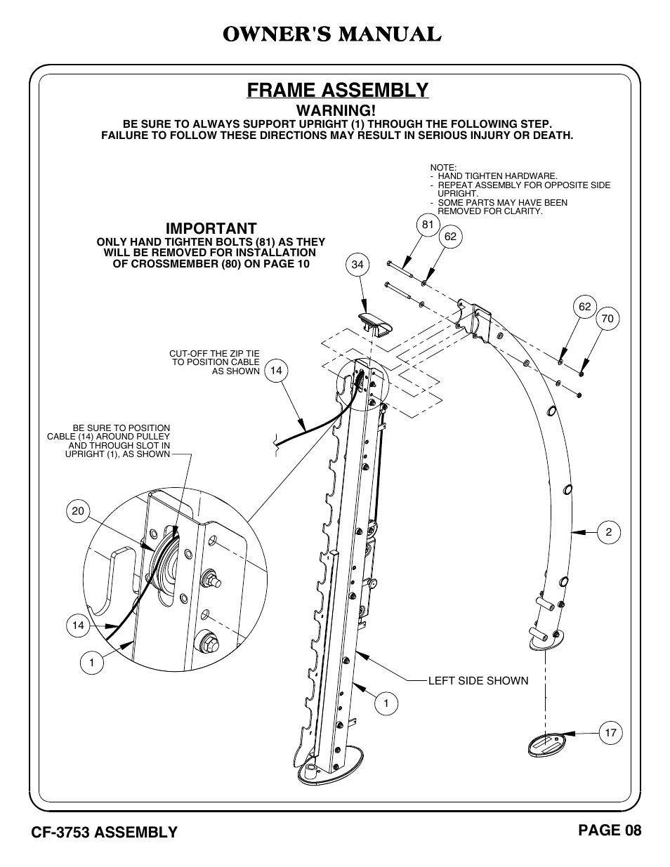 Frame assembly owner's manual, Important | Hoist Fitness CF-3753 User Manual | Page 9 / 47