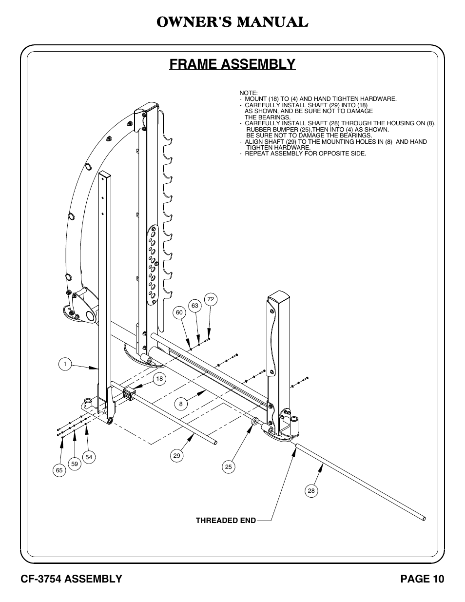 Frame assembly, Owner's manual, Cf-3754 assembly | Page 10 | Hoist Fitness CF-3754 User Manual | Page 11 / 39