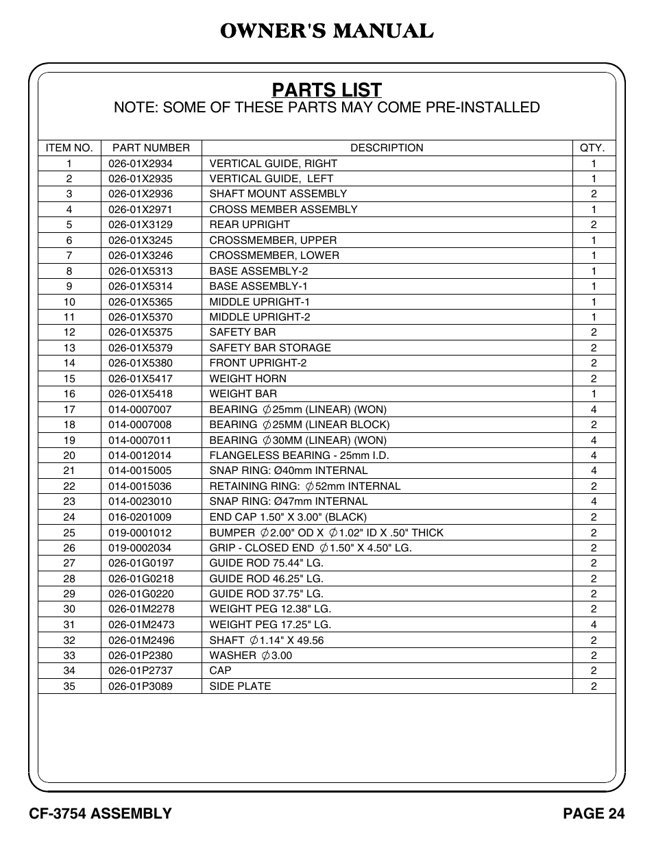 Parts list, Owner's manual | Hoist Fitness CF-3754 User Manual | Page 25 / 39