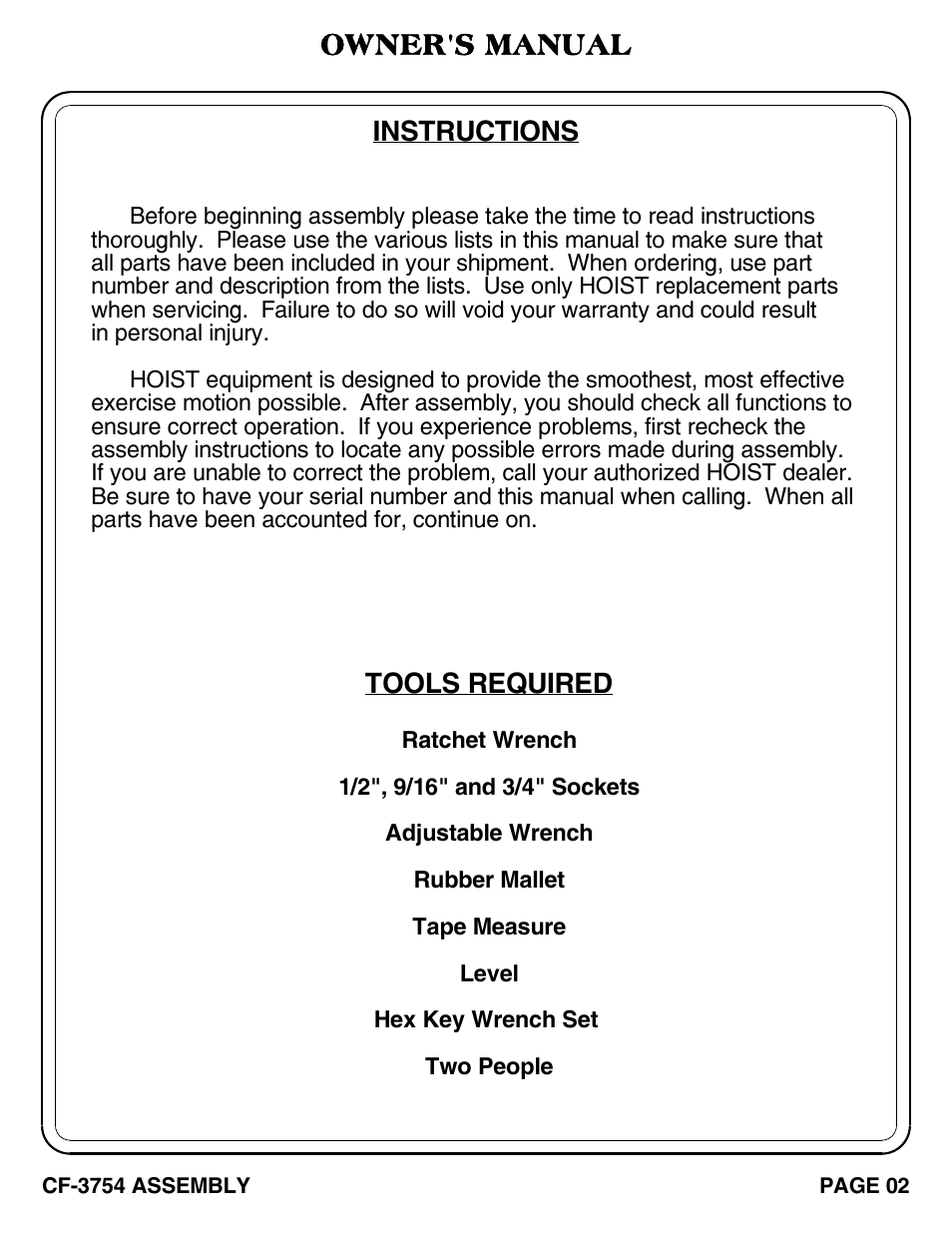 Owner's manual, Tools required, Instructions | Hoist Fitness CF-3754 User Manual | Page 3 / 39