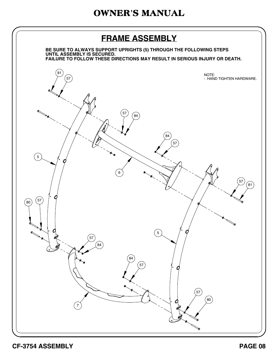 Frame assembly, Owner's manual, Cf-3754 assembly | Page 08 | Hoist Fitness CF-3754 User Manual | Page 9 / 39
