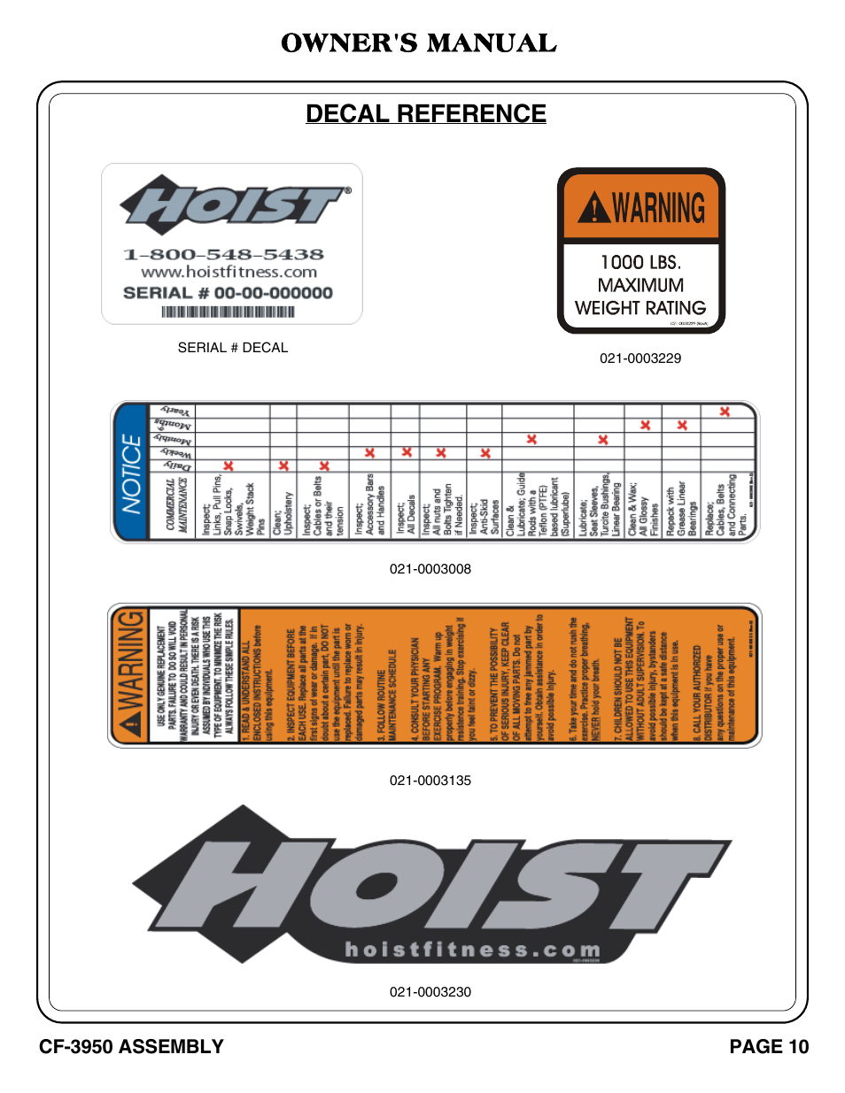 Owner's manual, Decal reference | Hoist Fitness CF-3950 User Manual | Page 11 / 22