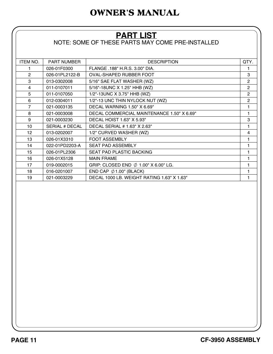 Cf-3950_pg 11-12.pdf, Owner's manual, Part list | Page 11, Cf-3950 assembly | Hoist Fitness CF-3950 User Manual | Page 12 / 22