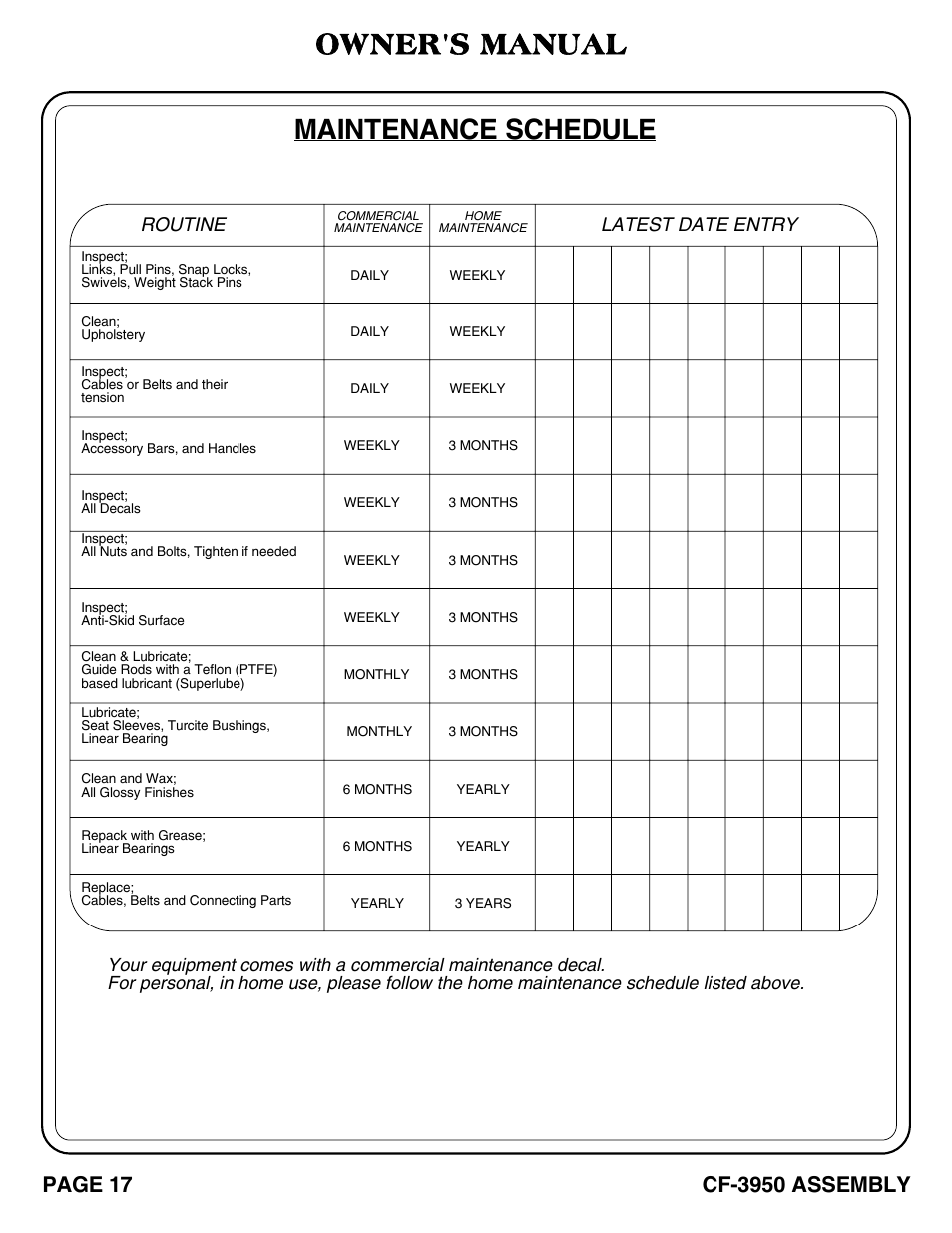 Owner's manual, Maintenance schedule, Routine | Latest date entry | Hoist Fitness CF-3950 User Manual | Page 18 / 22