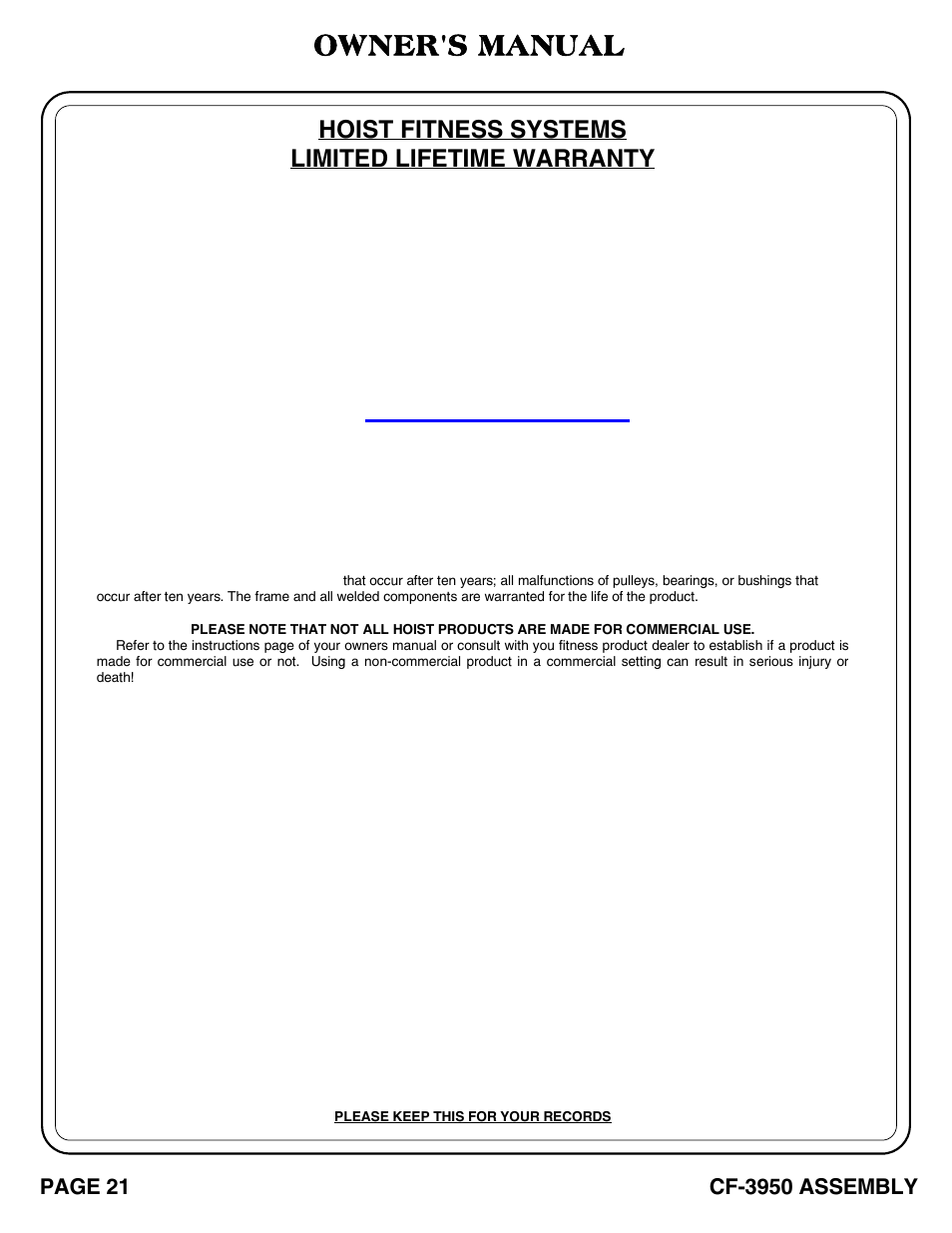 Owner's manual, Hoist fitness systems limited lifetime warranty | Hoist Fitness CF-3950 User Manual | Page 22 / 22