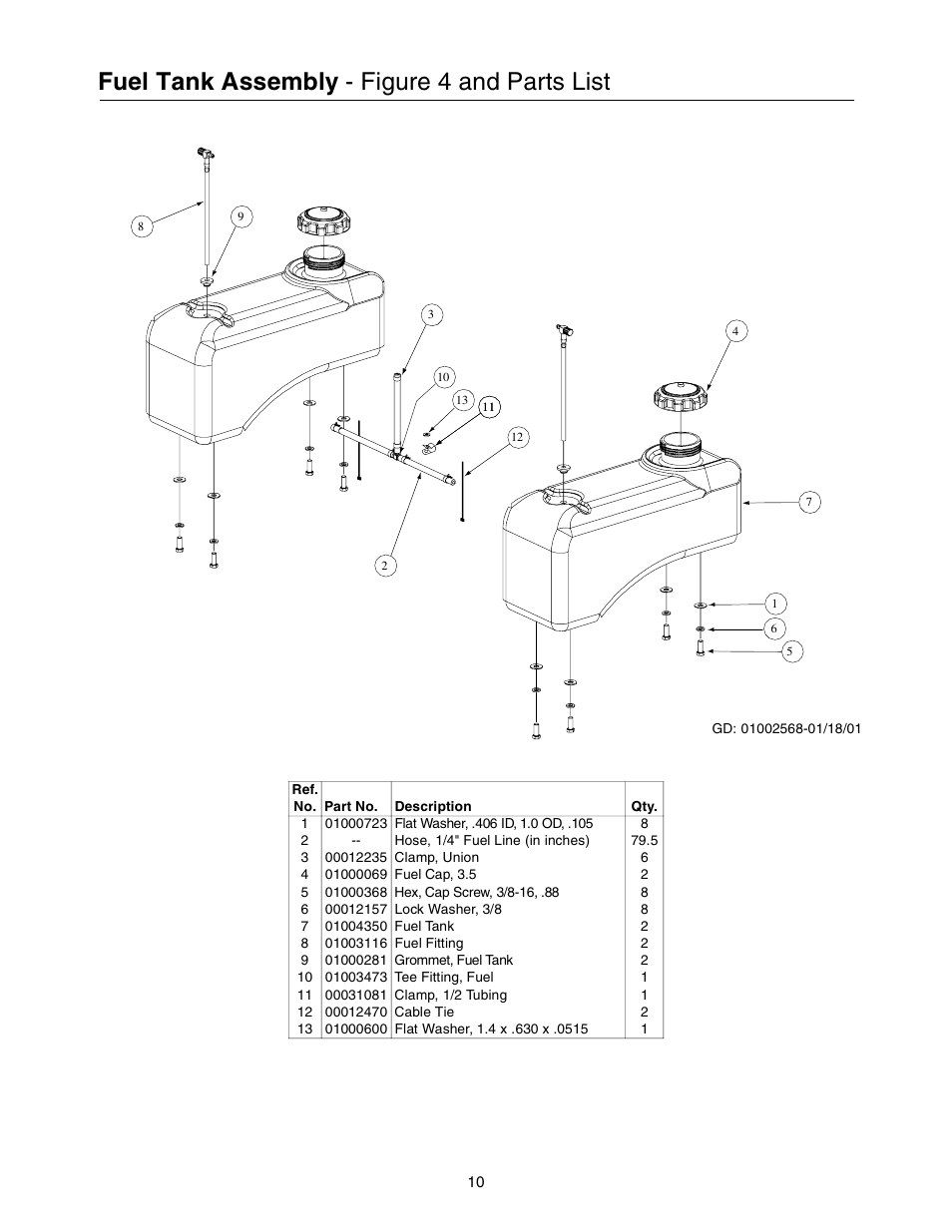 Fuel tank assembly - figure 4 and parts list | Cub Cadet 53AB5BBP750 User Manual | Page 10 / 28