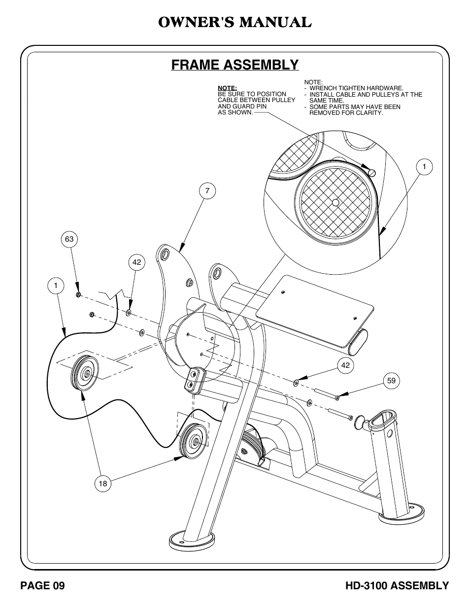 Hd-3100 pg 09-10, Frame assembly, Owner's manual | Page 09, Hd-3100 assembly | Hoist Fitness HD-3100 User Manual | Page 10 / 39