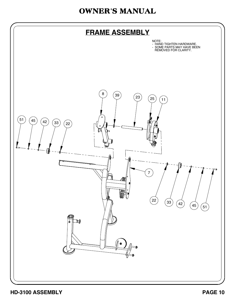 Frame assembly, Owner's manual, Hd-3100 assembly | Page 10 | Hoist Fitness HD-3100 User Manual | Page 11 / 39