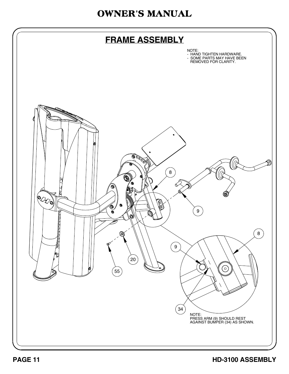 Hd-3100 pg 11-12 - sheet2(2), Frame assembly, Owner's manual | Hoist Fitness HD-3100 User Manual | Page 12 / 39