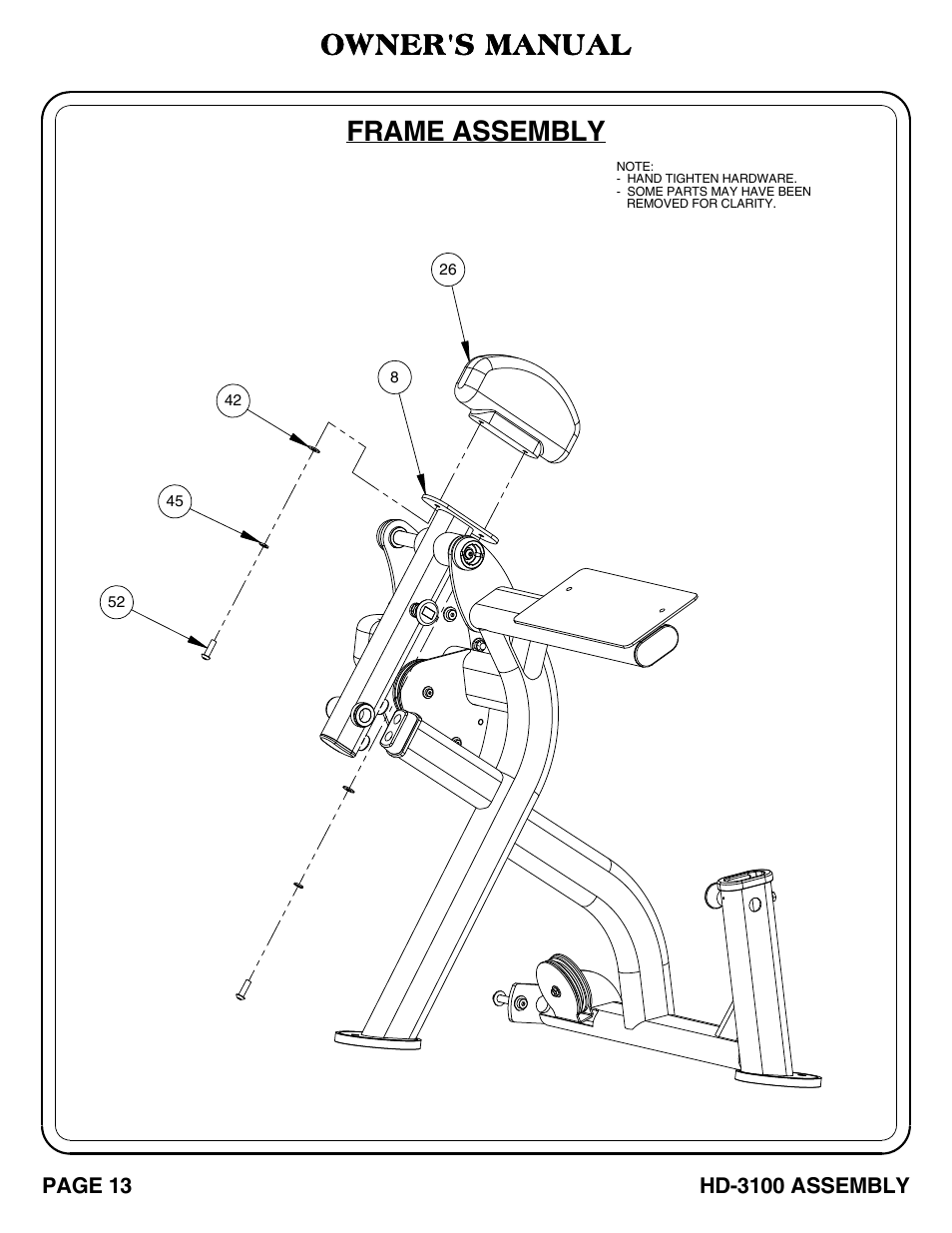 Hd-3100 pg 13-14, Frame assembly, Owner's manual | Hoist Fitness HD-3100 User Manual | Page 14 / 39