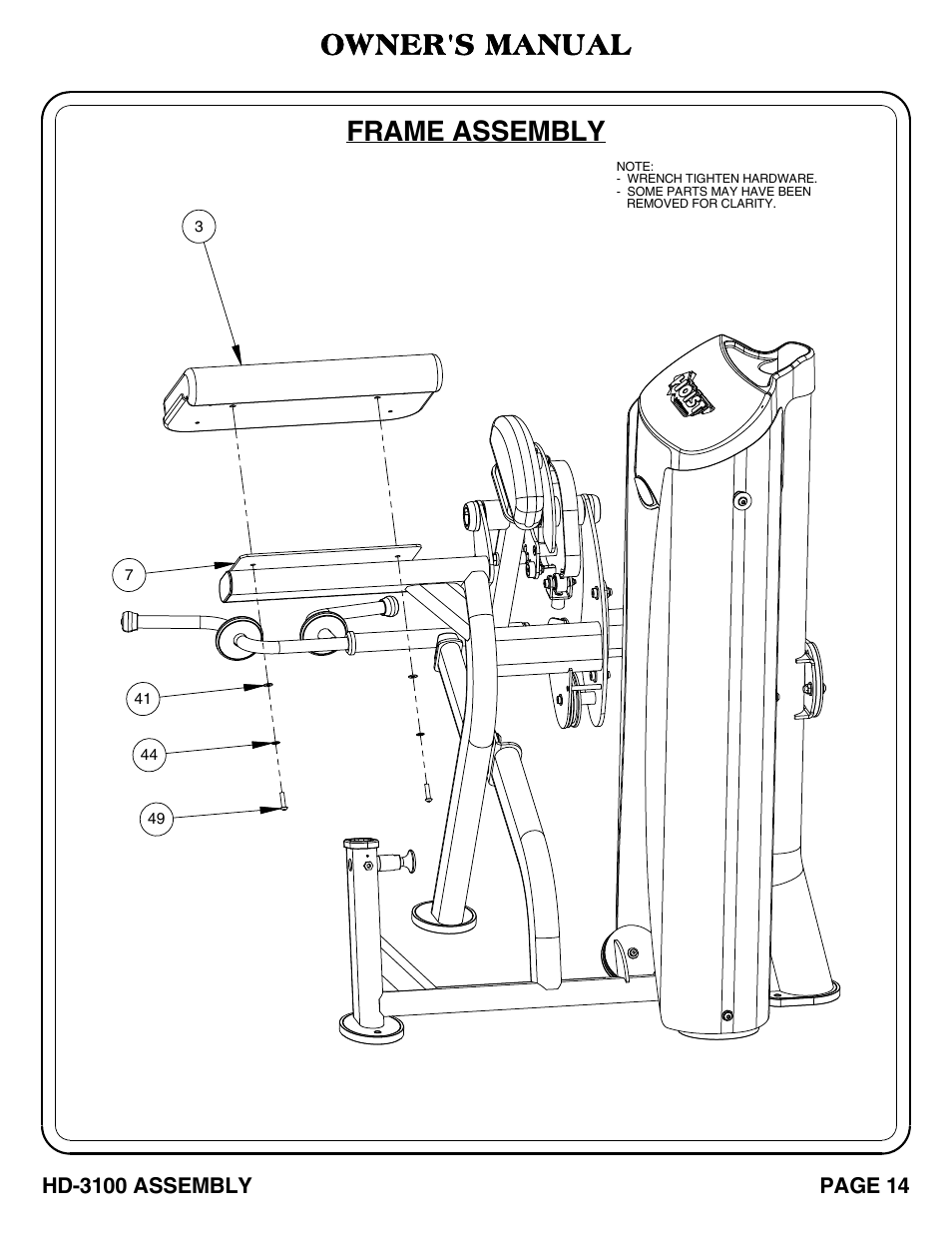 Frame assembly, Owner's manual | Hoist Fitness HD-3100 User Manual | Page 15 / 39