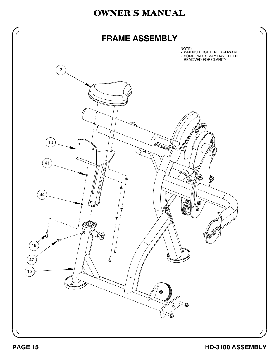 Hd-3100 pg 15-16, Frame assembly, Owner's manual | Hoist Fitness HD-3100 User Manual | Page 16 / 39