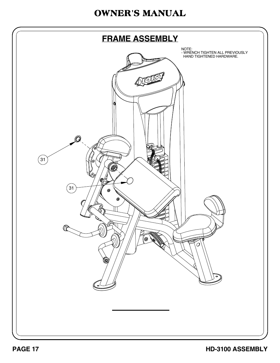 Hd-3100 pg 17-18, Important, Frame assembly owner's manual | Hoist Fitness HD-3100 User Manual | Page 18 / 39