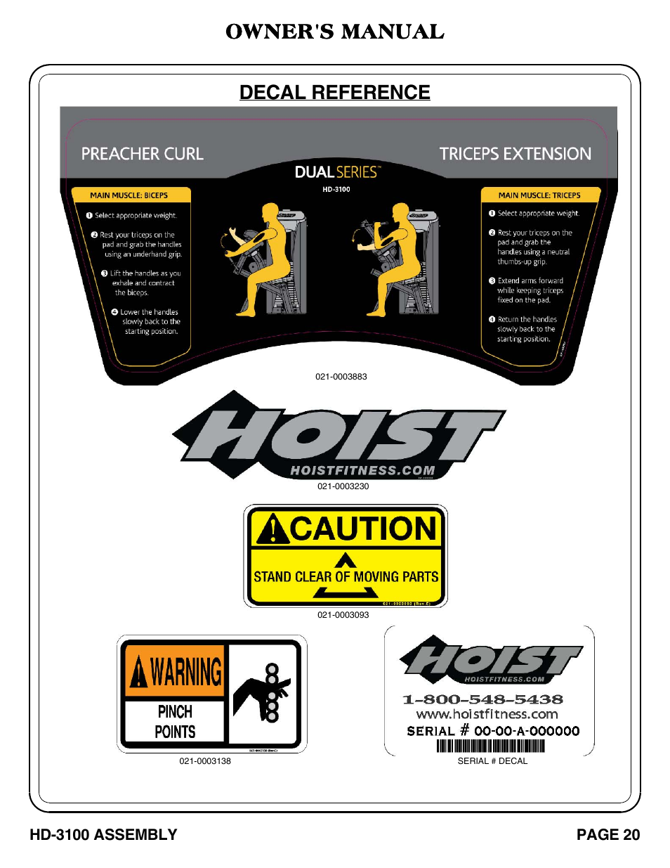 Decal reference owner's manual | Hoist Fitness HD-3100 User Manual | Page 21 / 39