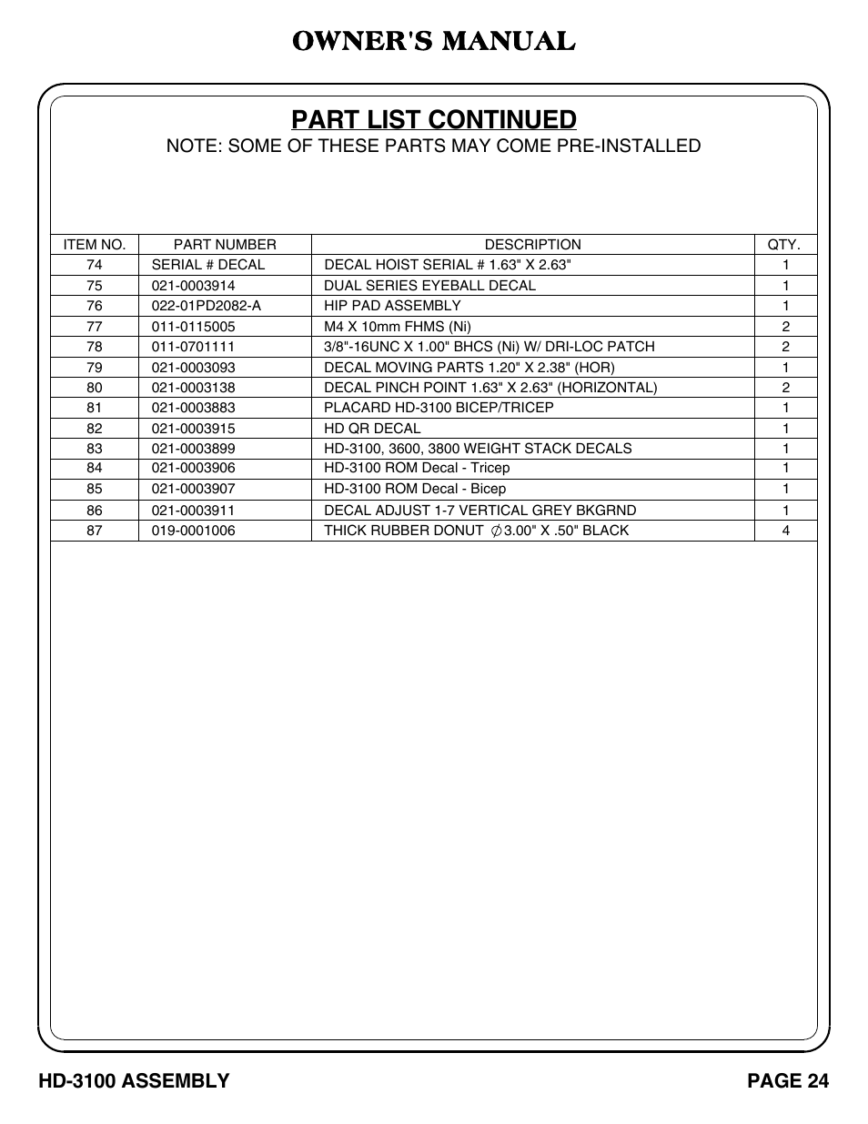 Part list continued, Owner's manual, Page 24 | Hd-3100 assembly | Hoist Fitness HD-3100 User Manual | Page 25 / 39