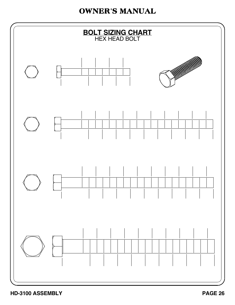 Bolt sizing chart, Owner's manual, Hex head bolt | Hoist Fitness HD-3100 User Manual | Page 27 / 39